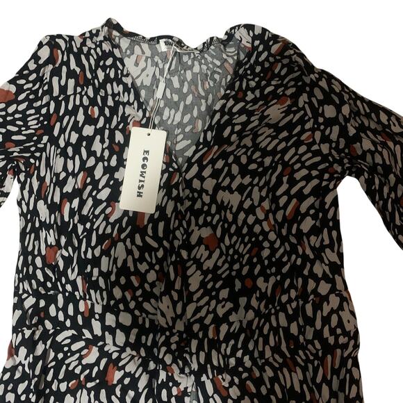 NWT ECOWISH LONG SLEEVE‎ BLACK/WHITE/RUST V-NECK HIGH SPLIT WRAP DRESS SMALL - Picture 3 of 8